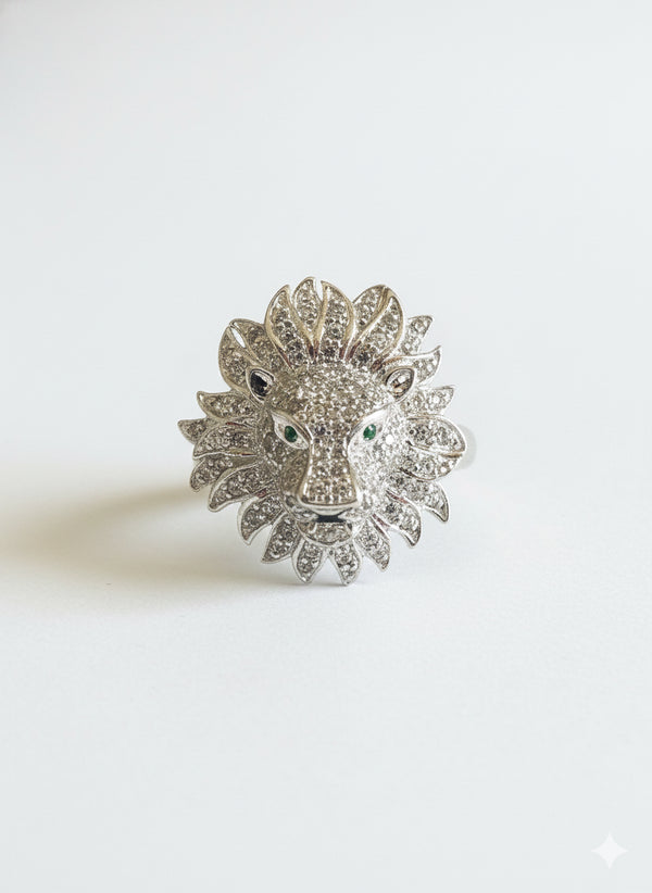 SILVER PAVE LION RING